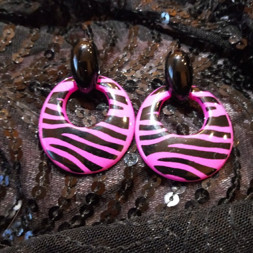 Pink and Black Zebra Striped 80's Earrings